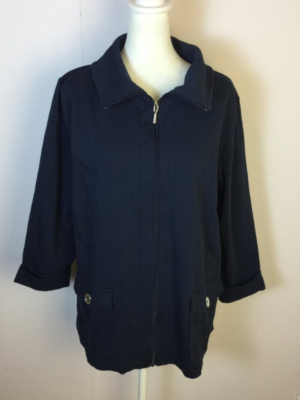 New! Karen Scott Sport Zip-up Jacket Size L Womans Navy Blue 3/4 Sleeve Stretch